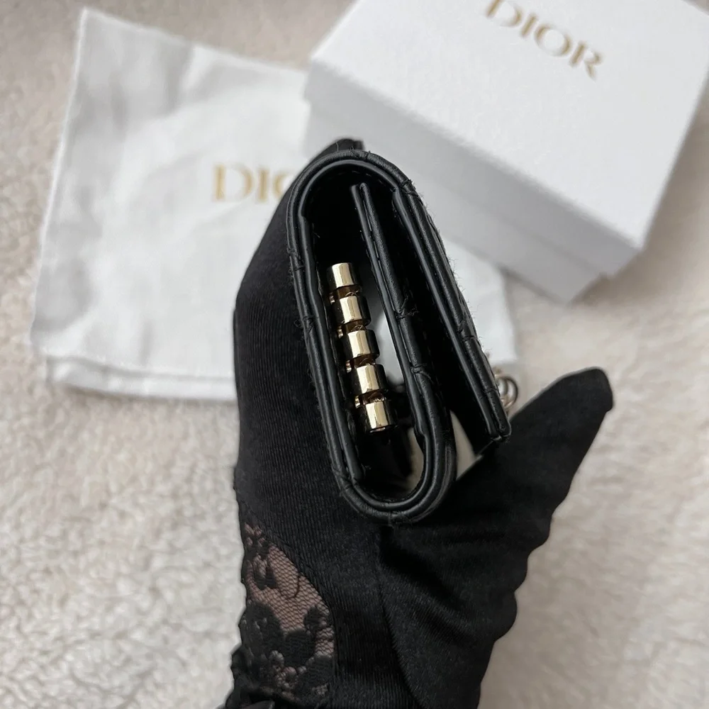 Auth Dior Quilted Logo Charm Key Holder Wallet - Black w/ Gold Hardware